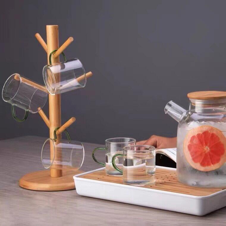 Set Tree Shape Wood Tea Cup Storage Holder Stand Mug Hanging Display Rack Drinkware Shelf 6 Hooks