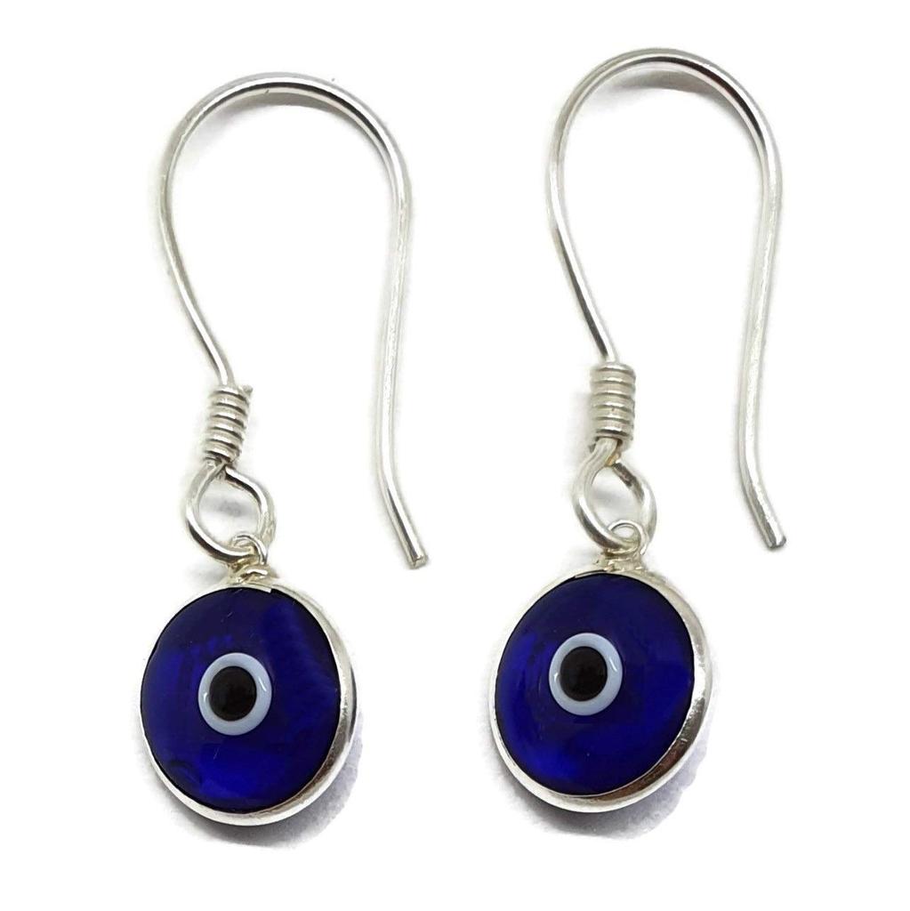 Mystic Jewels 925 Sterling Silver Drop Earrings Round Turkish Eyes for Good Luck -