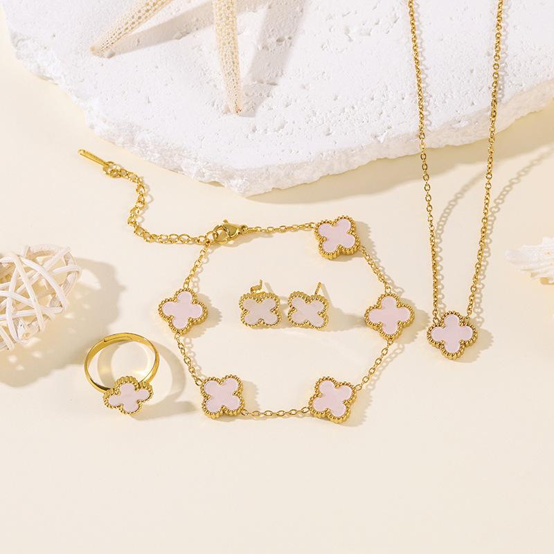 4PCS 13MM Double-Sided Mother-of-Pearl Lucky Four-Leaf Clover Bracelet, Earrings and Ring Four-Piece Women's Jewelry Set