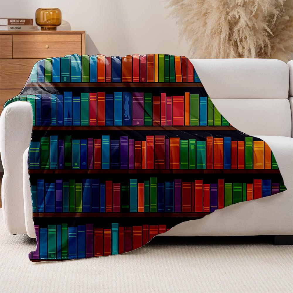1Pc Monet-Inspired Bookshelf Print Plush Blanket - Thick All-Season Soft Bedspread With Multicolor Book Pattern (Monet'S Library