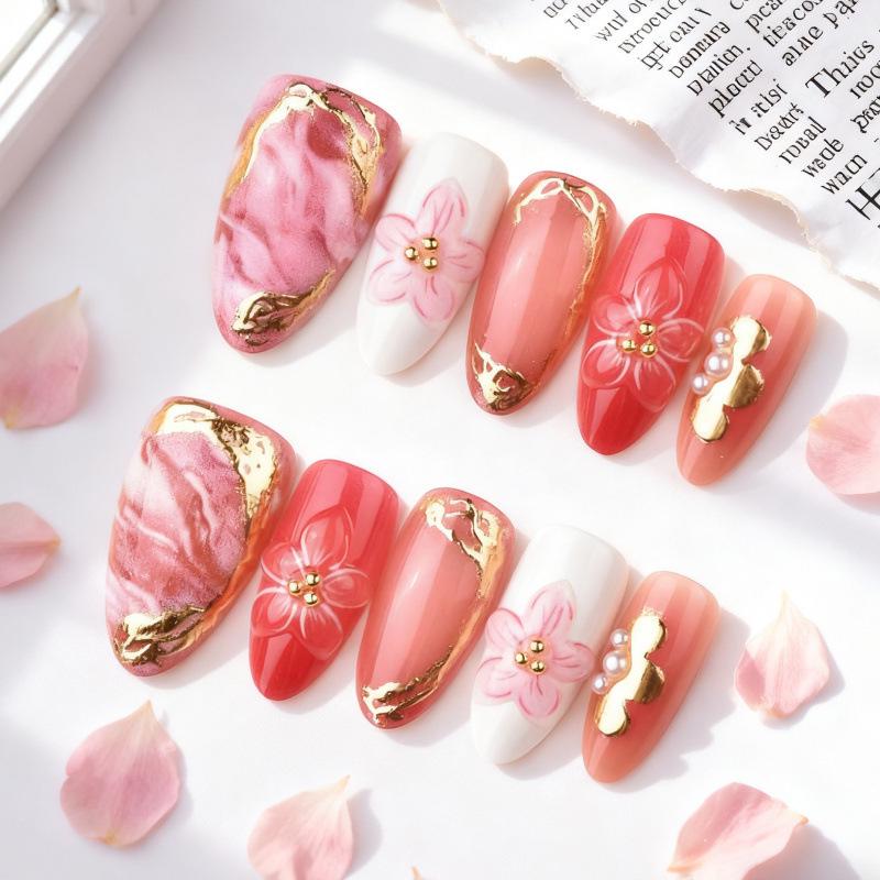 Gold Foil 3D Almond Blossom Gradient Rhinestone False Nails - 30 Pieces