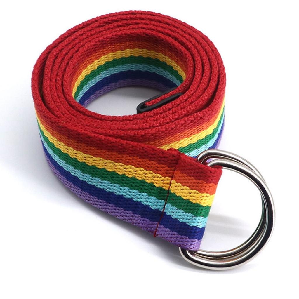 Woven Rainbow Webbing Jeans Belt Trendy Pants Belt Female Couple Trendy Personality Double Ring Buckle Belt