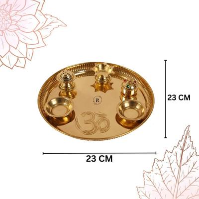 9-Zoll Messing Navratri Pooja Thali mit angebrachter Diya, 2 Schalen, Räucherstäbchenhalter und goldfarbener Kumkum-Schale