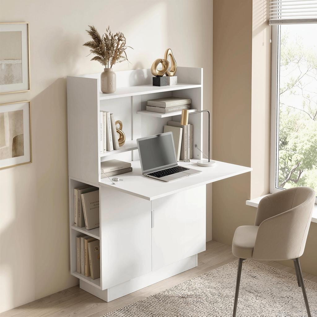 Folding Computer Desk, Drop-Leaf Top, Shelves, Cupboard, 80 x 30 x 128 cm, White