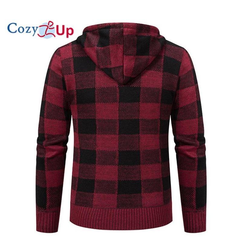 Cozy Up Men Sweater Coat  Autumn Winter Thick Warm Hooded Plaid Wool Sweater Cardigan  Zipper Fleece Coat Men