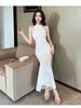 White evening dress women's new high-end light luxury niche high-end banquet temperament host shiny fishtail skirt