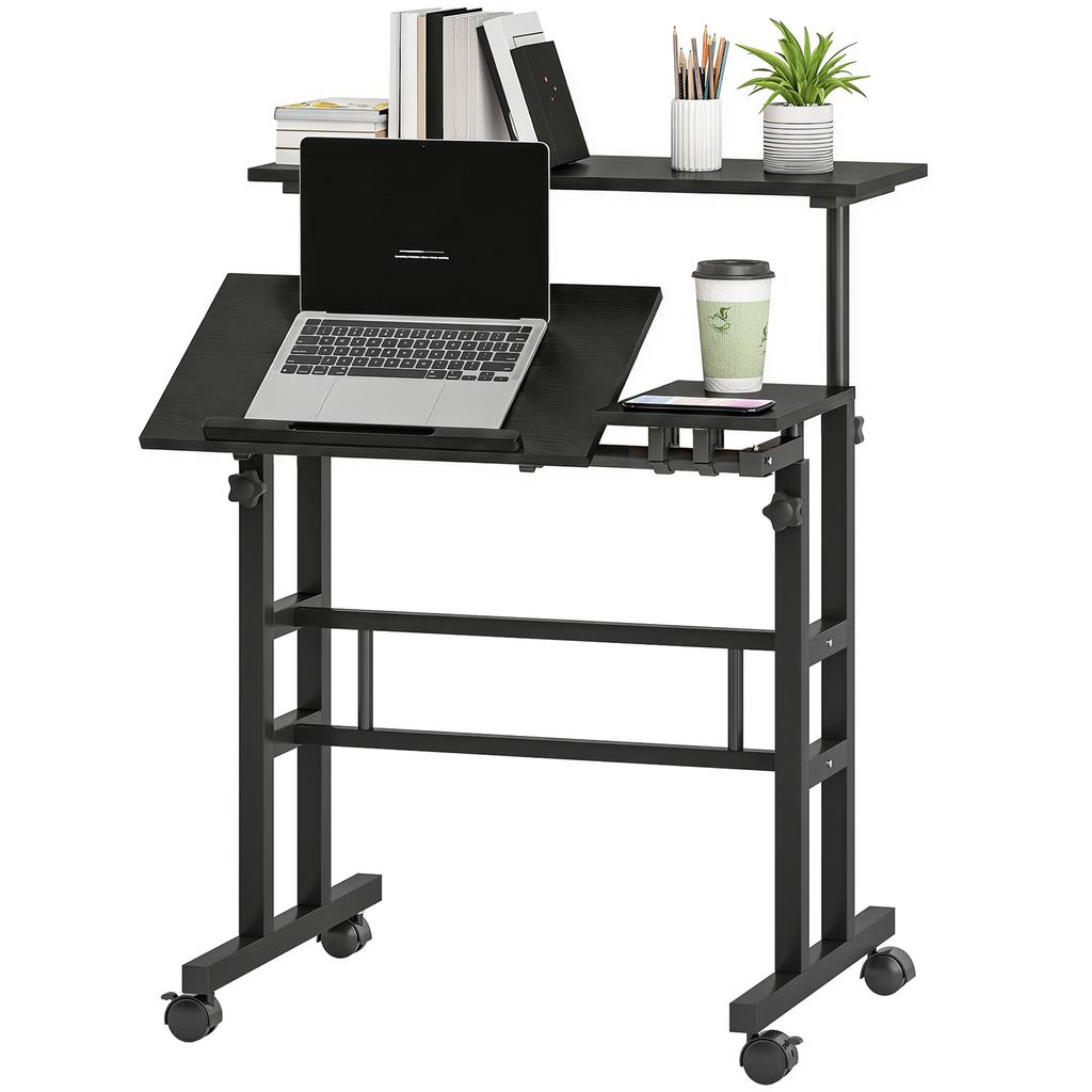 Sit-Stand Desk, Height-Adjustable, 70 x 60 cm, on Casters, Tilting Top, Black Metal Frame