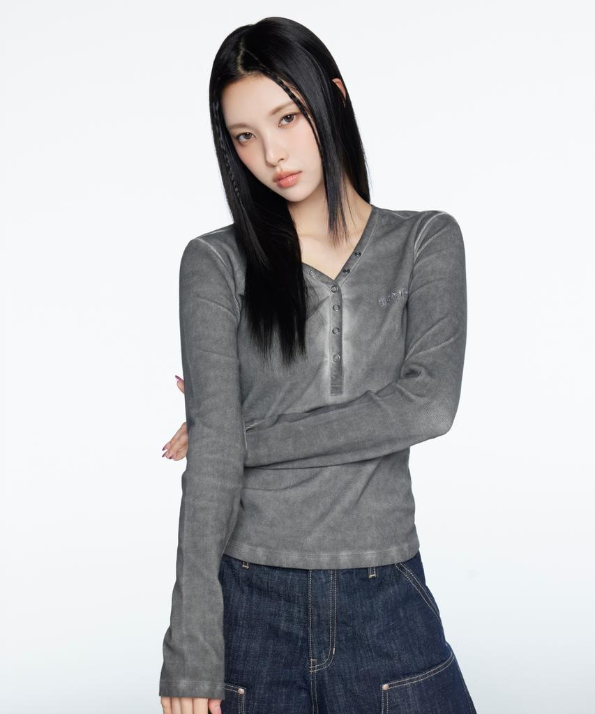 Syupeodeulai Women'S V-Neck Henley Long Sleeve Charcoal Sdfilcq46Chl