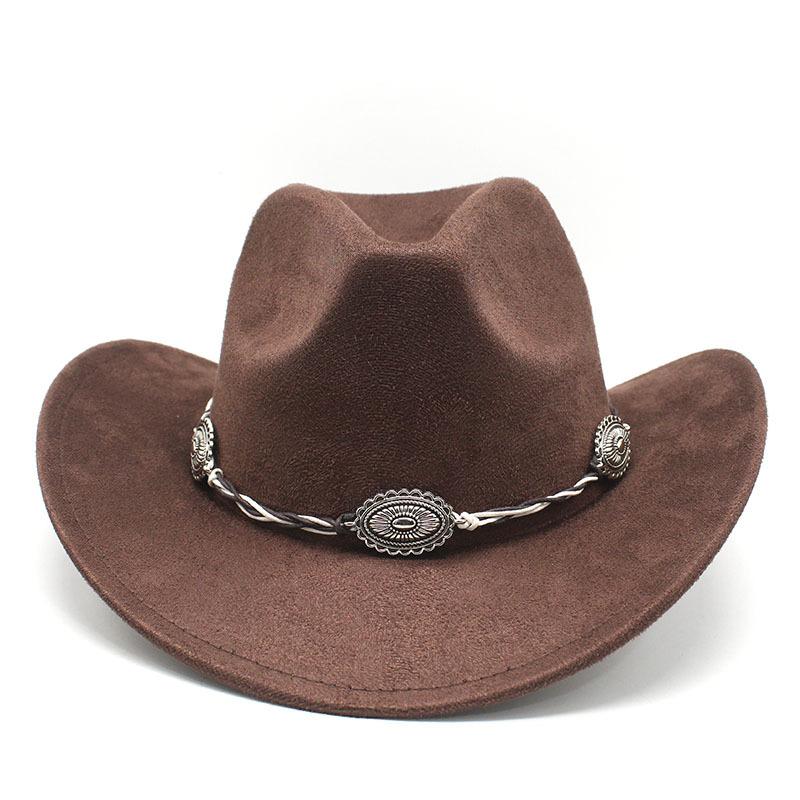 Semišový Upturned Edge Western Cowboy Klobouk Muži a ženy Outdoorový cestovní klobouk Rolled Brim Etnický styl Cylindr Plstěný klobouk