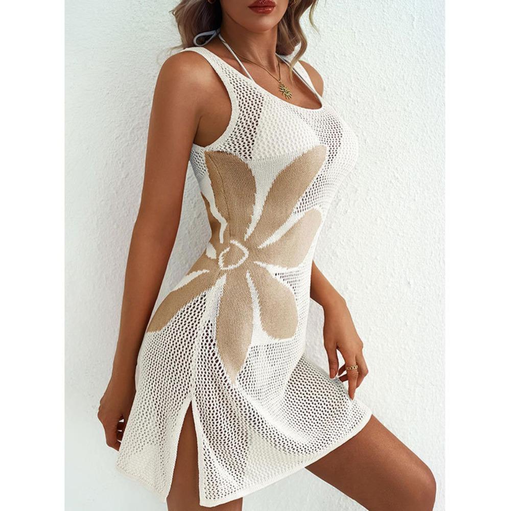 Women's Sleeveless U‑Neck Knit Mini Dress Regular Fit Beach Style Floral Print Cover Up