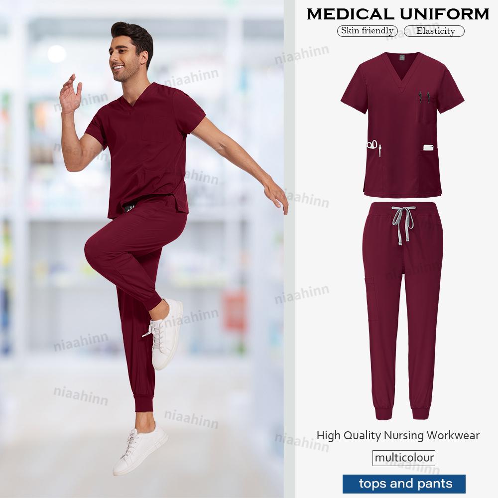 

Scrubs Men Women Scrubs Uniforms Medical Jogger Set Nurses Accessories Dental Clinic Pet Grooming Scrub Top Pants Sets S