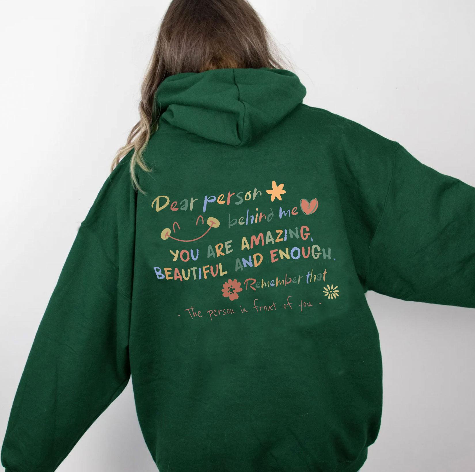 Dear Person Behind Me Fleece Sweater Plain Letter Print Kangaroo Pocket Drawstring Print 3XL темно-зеленого