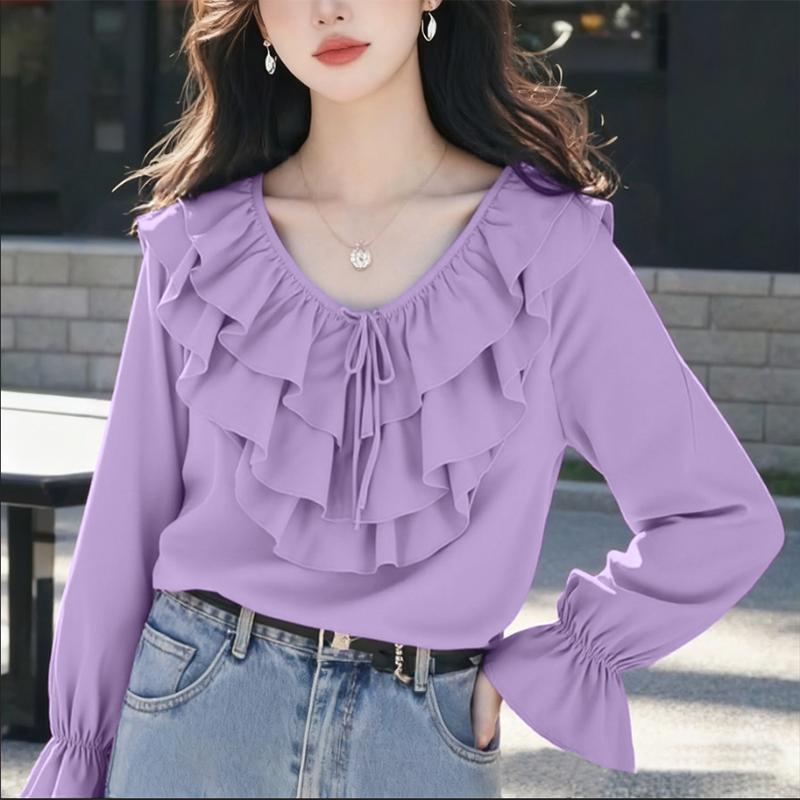 ZANZEA Dámská volná ležérní halenka s volánky, výstřihem do V a dlouhým rukávem