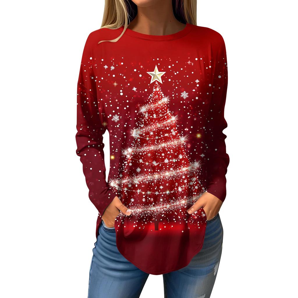 Women's Loose Round Neck Christmas Print Long Sleeve T-Shirt Top Pullover
