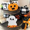 Cute Halloween Gift for Home 3Pcs/Set Tiered Tray Decorations, Ghost Pumpkin Black Cat Durable Solid Wood Accents Ornaments, Wooden Block Table Signs
