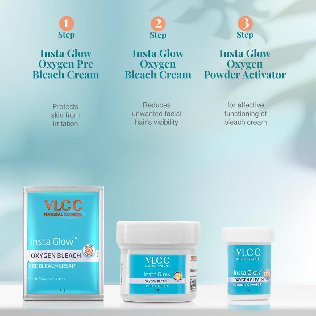 VLCC Insta Glow Oxygen Bleach 51g X 4 Pack | Brightens Skin, Reduces Facial Hair Visibility, Smooth Fair Complexion