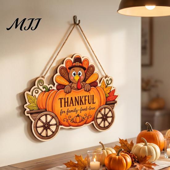 Harvest Theme Home Decoration Thanksgiving Front Door Hanging Sign, Pumpkin Turkey Pattern Hanger, Autumn Indoor Outdoor Holiday Sign Wall Ornament