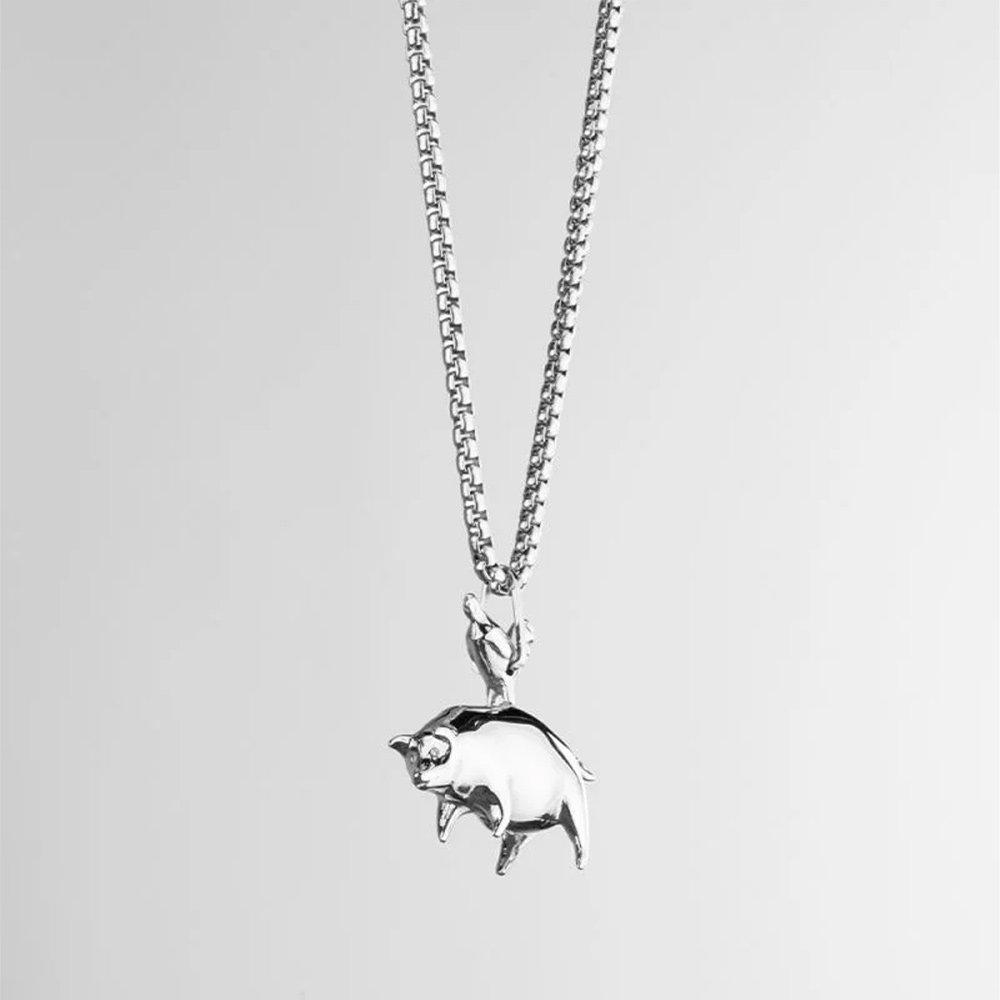 Pig and Hen Pendant Necklace - Silver x Silver