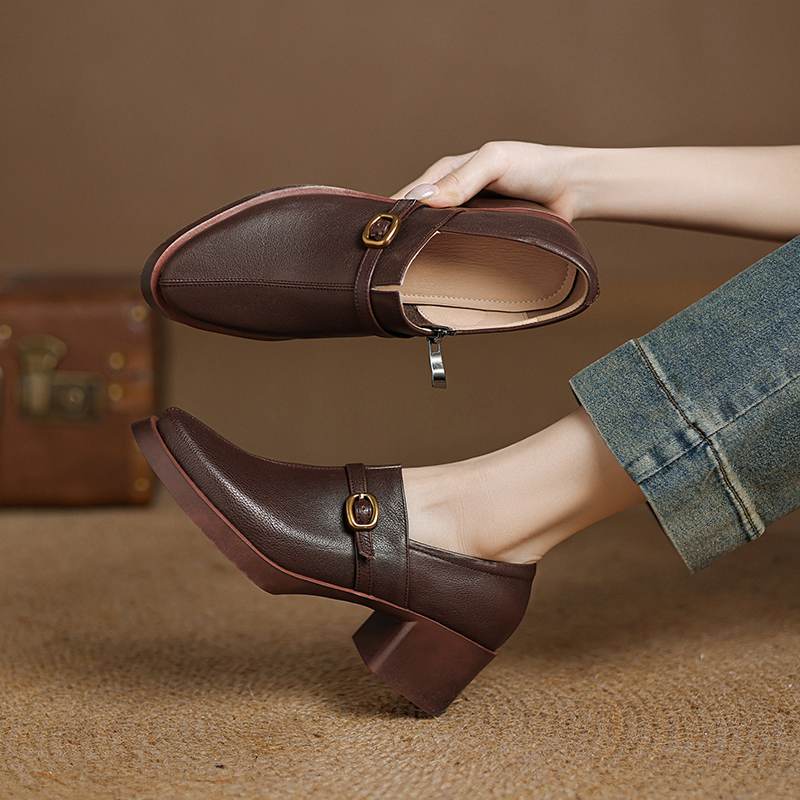 Krazing Pot Cow Skin Autumn Winter Shoes Chunky Heels Size 43 Size 42 Round Toe Zipper Deep Mouth Retro Fashion Pumps