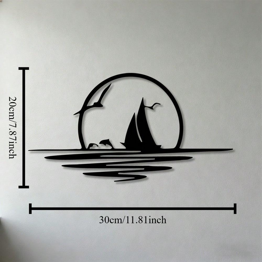 1 Stück 2D Flaches Segelboot Sonnenuntergang Metall Wandkunst, Nautische Eisen Dekoration für Wohnzimmer & Küstenhaus (as the picture,Black) white
