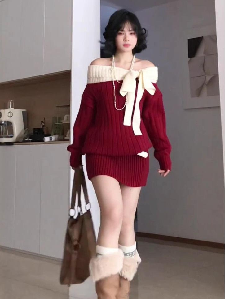 Women's Red Off-Shoulder Long Sleeve Knit Dress - Christmas Bow Detail, Hip-Hugging Short Skirt for Autumn/Winter