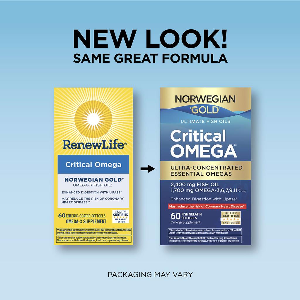 Renew Life Norwegian Gold®, Critical Omega™ Ultimate Fish Oil, Fish Gelatin Softgels, 60 Softgels