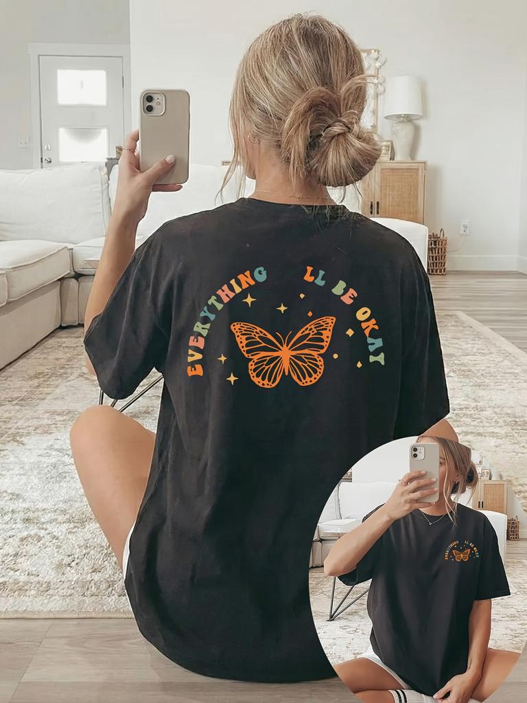 Plus Size Summer Womens Butterfly Letter Print TShirt Cotton Breathable Stylish Versatile Street Style Oversized