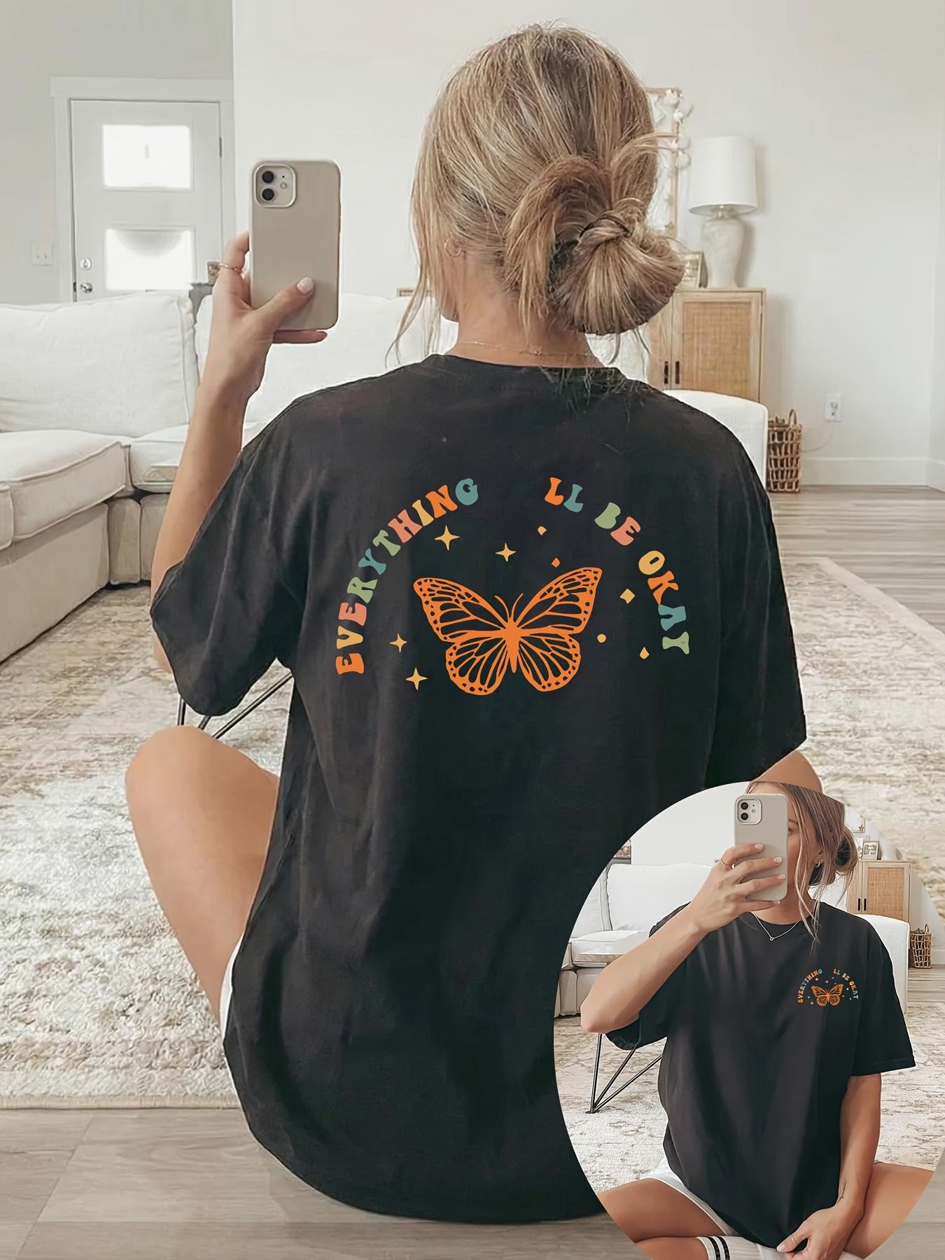 Plus Size Summer Womens Butterfly Letter Print TShirt Cotton Breathable Stylish Versatile Street Style Oversized XL