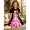 Girl's Pink Princess Magic Wand Printed T-shirt Dress Black Background Children's Party Casual Dress Suitable for Birthday Gifts
