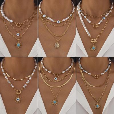 Court Retro Devil's Eye Necklace, Sun Pendant Irregular Pearl Multi-layered Necklace