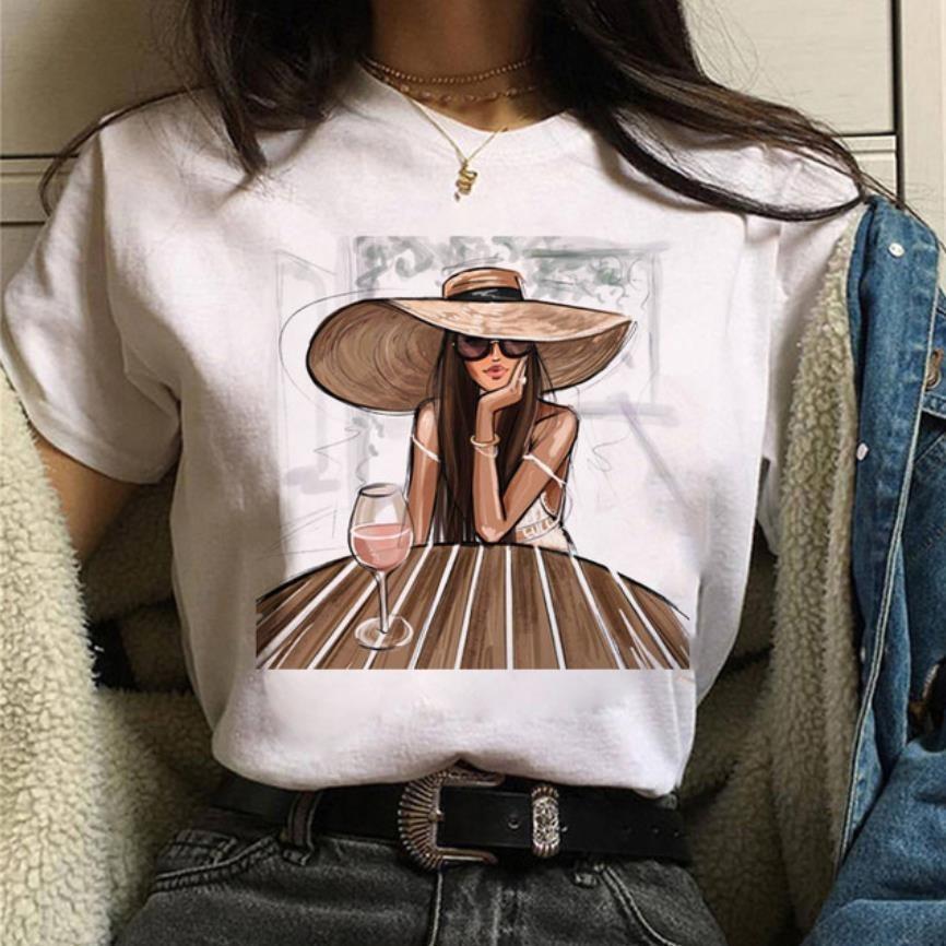 Fashionable Womens Coffee Printed White Tshirt Casual Short Sleeved Suitable for Daily Casual Versatile Home Clothes Top