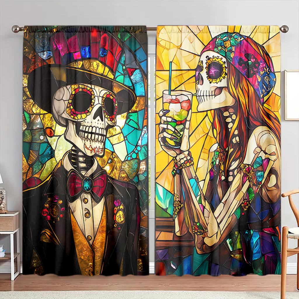 2pcs Colorful Glass Window Skeleton Love Printed Curtain for Halloween Home Decor - Rod Pocket Window Treatment for Bedroom