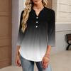 Women's Fashionable Casual Color Block Gradient Print V-Neck Button Three-Quarter Sleeve T-Shirt Top