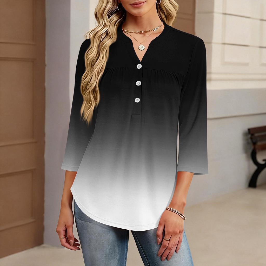 Women's Fashionable Casual Color Block Gradient Print V-Neck Button Three-Quarter Sleeve T-Shirt Top