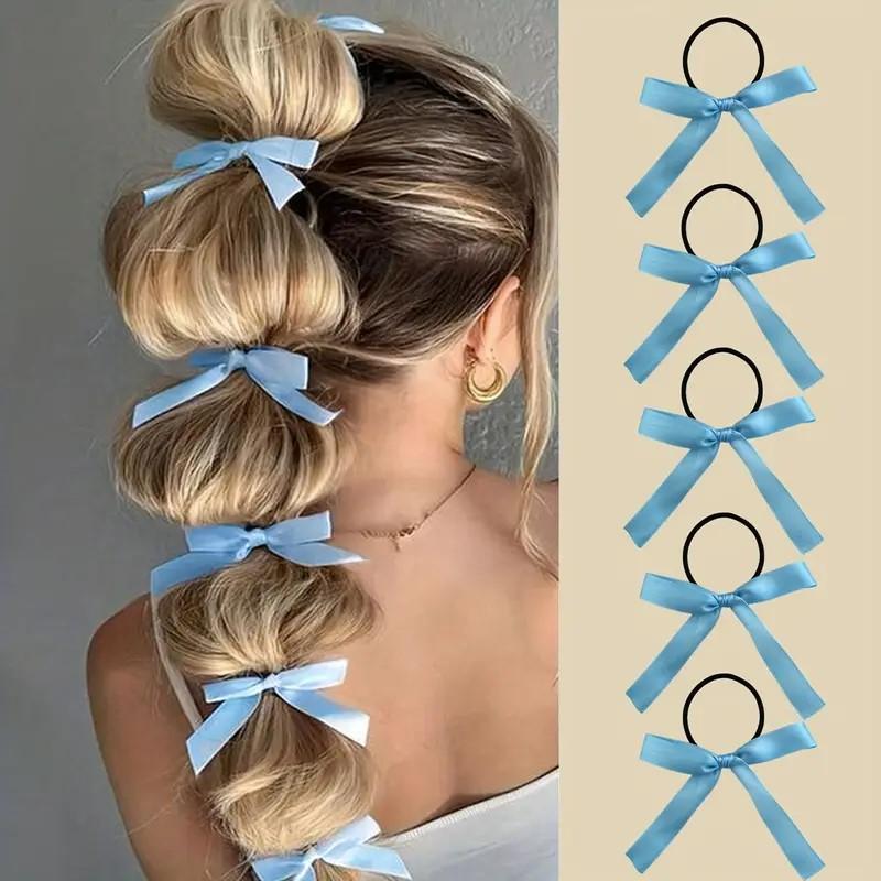 5Pcs Women Double Ponytail Hair Accessory Style Fashionable and Cute Black Bow Hair Tie Ballet Style Retro Ribbon Headband