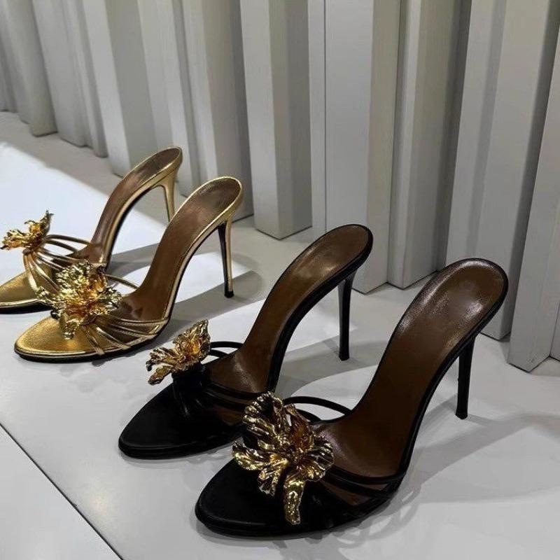 Fashion 2025 Women's Sandals Slippers Summer Metal Flowers Beautiful Fashion Sandals Women's Stiletto High Heels Black Sandals