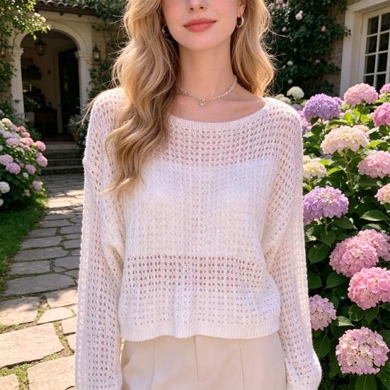 Women Tops Loose Fit One-Shoulder Hollow Knitted Long Sleeve Blouse Pure Color Summer Thin Tops Sun Protection Cover Up Blouse