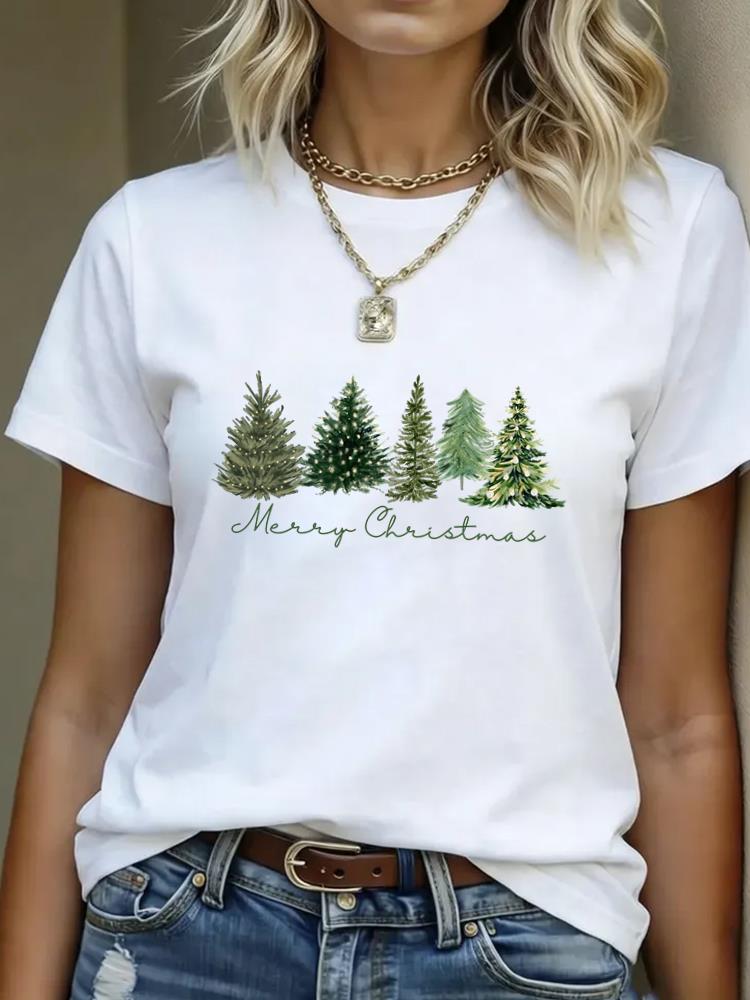 (Asian Size) plaid truck Merry Christmas Women's Top Short Sleeve T-shirts O-neck T Shirt Print Fashion Casual New Year Clothing Graphic Tee