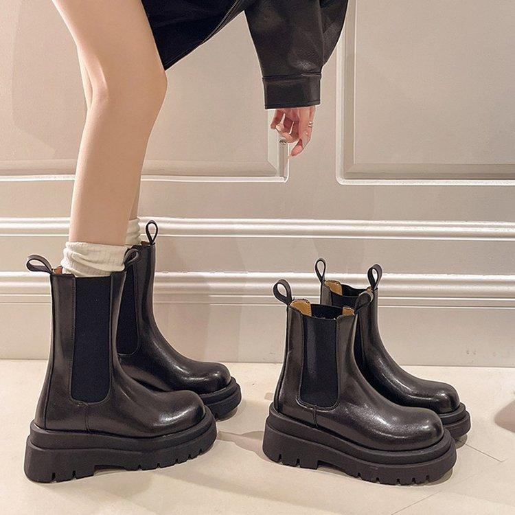 Full Leather and Leather Raised Martin Boots, Women's Thick Soled Chelsea Short Boots, Chimney Boots, Height Up and Slimming Effect