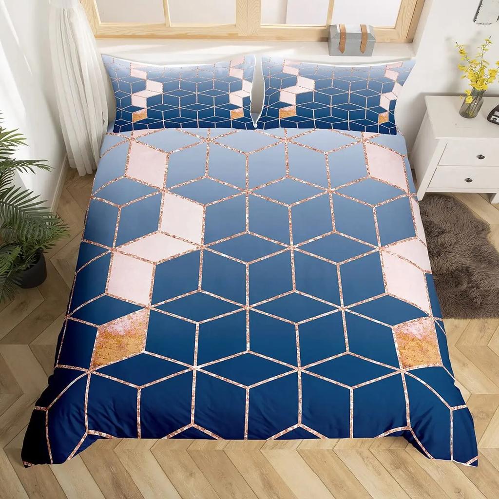 Geometry Ombre Duvet Cover Full King,Honeycomb Marble Geometric Bedding Set For Teen Girls Women Diamond Hexagon Comforter Cover