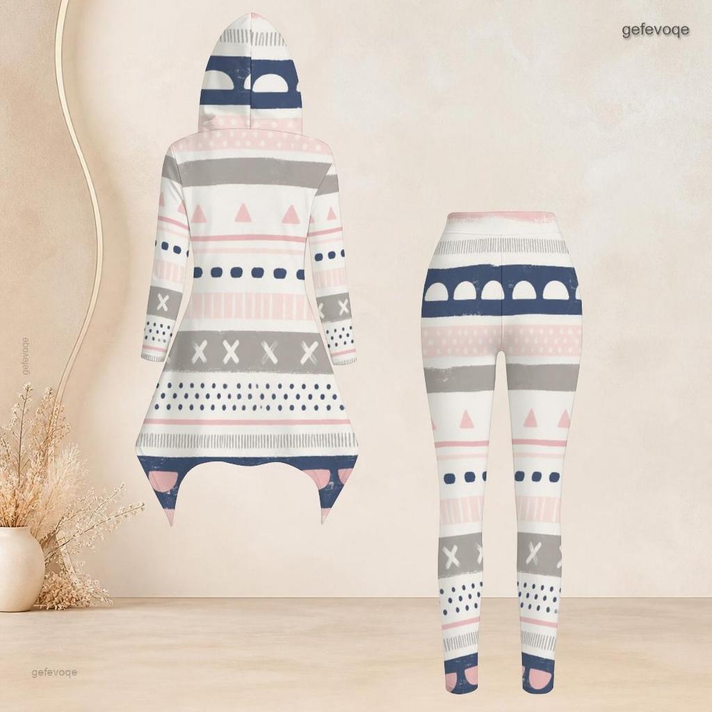 Women Plus Size Hooded Long Sleeve Printed High Low Top Fitted Pants Two Piece Set