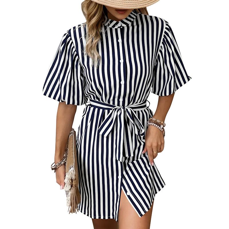 Summer Dress Women Fashion Women Striped Shirt Short Sleeve Dresses
