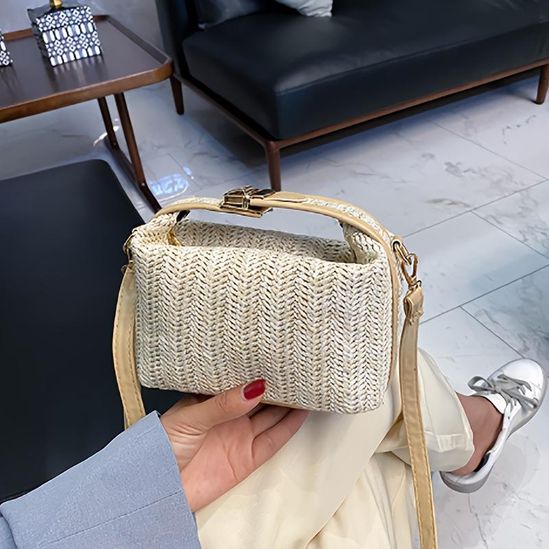 Straw-Textured Crossbody Bag for Women Small Square Pillow-Shaped Handbag with Zipper Closure Detachable Strap Vintage Handbag