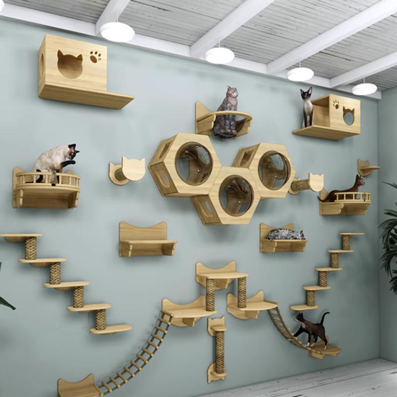 Cat Climbing Frame Wooden Cat Tree Cats Hammock Scratching Post Pedal Jumping Platform Indoor Pet Wall Furniture