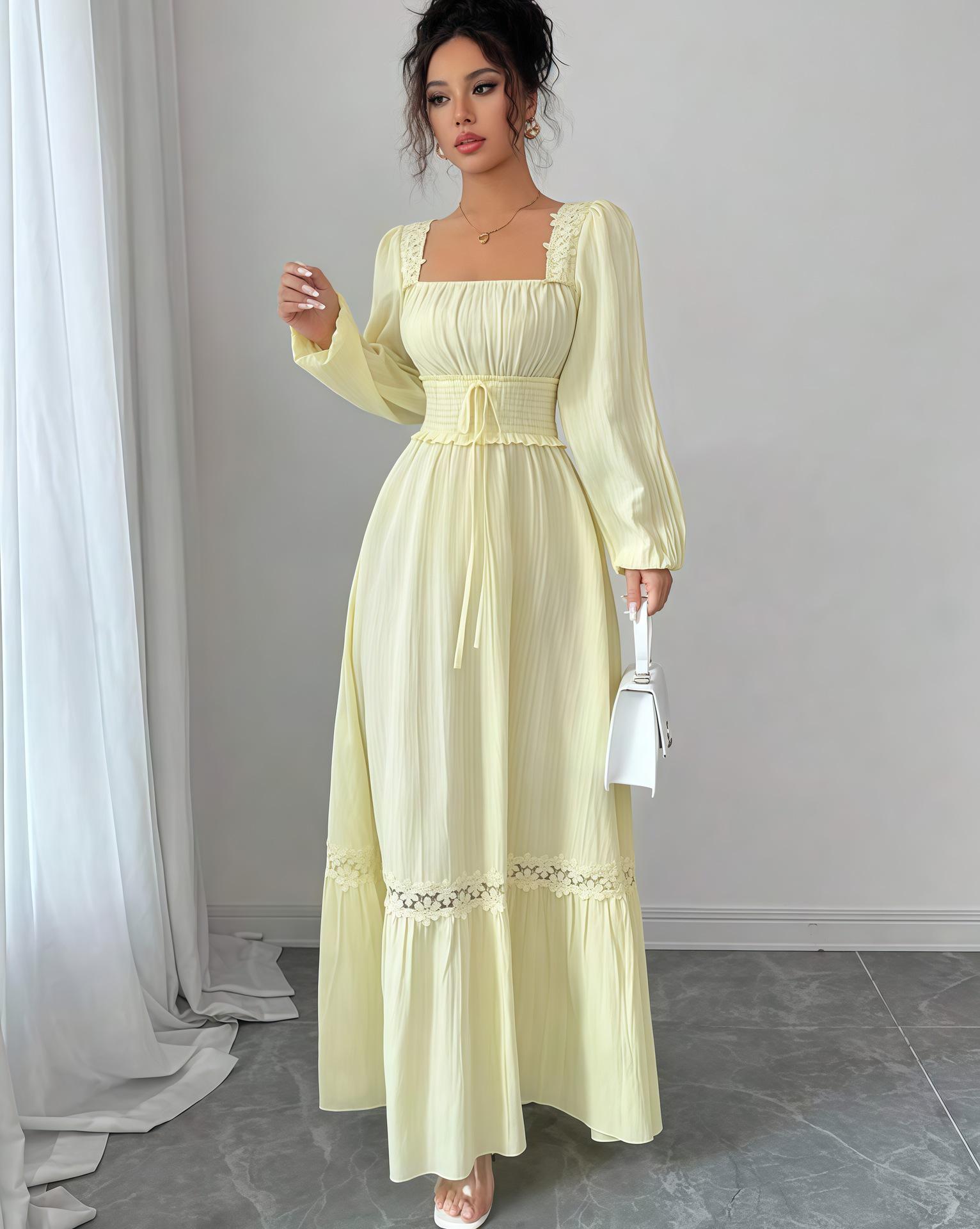 

2025 Early Autumn Women s U-neck Long Sleeve Lace Patchwork Waist-Cinching Dress S жёлтый