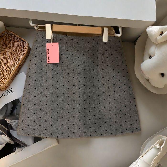 Dark Gray Polka Dot Wool A-Line Skirt - Petite Slim High-Waisted, perfect for Autumn and Winter