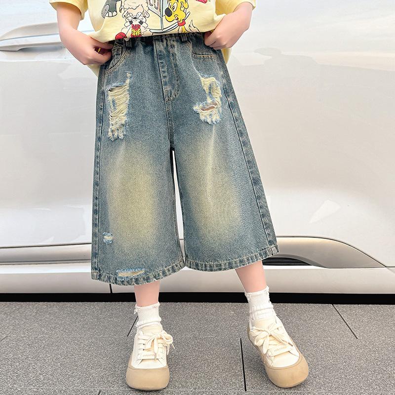 Girls  Summer Denim Wide-Leg Capri Pants - Ripped Korean Style 160 cm