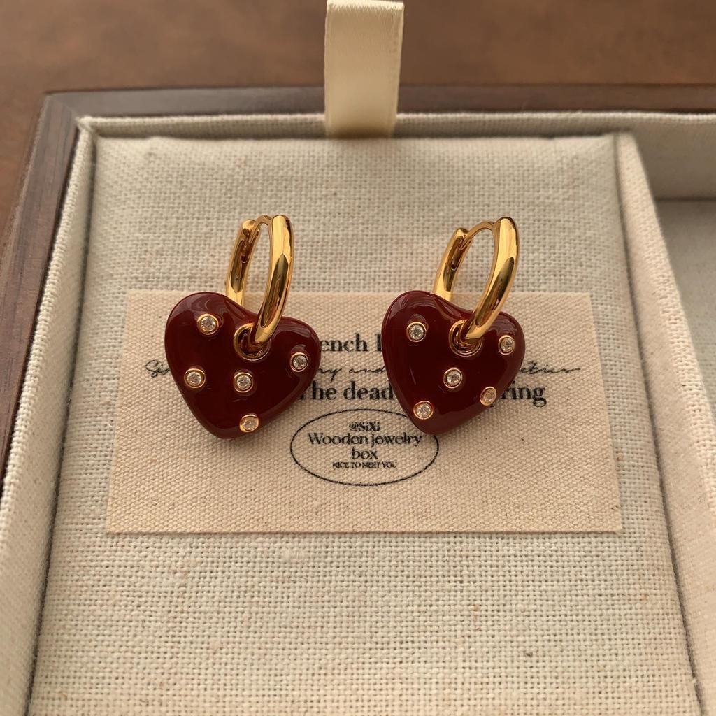 Simple Burgundy Enamel Stud Earrings Cute High Sense Versatile Sweet Romantic Niche Earrings Autumn And Winter