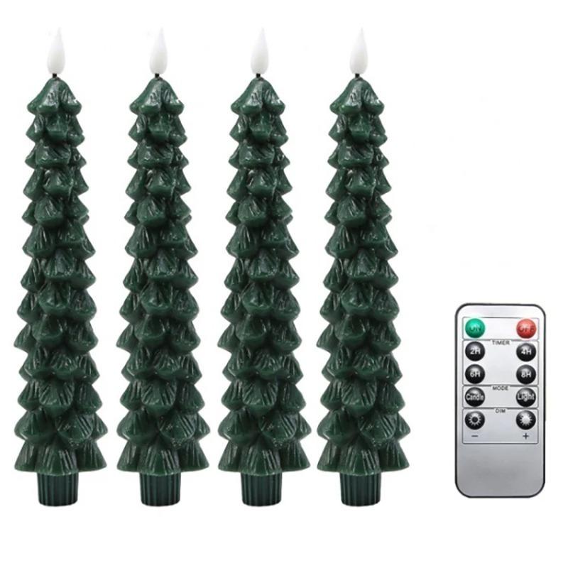 4/2pcs Christmas Tree LED Flameless Candles Light with 3D Flame Wick Green LED Candlesticks Operated for Christmas Home Decor