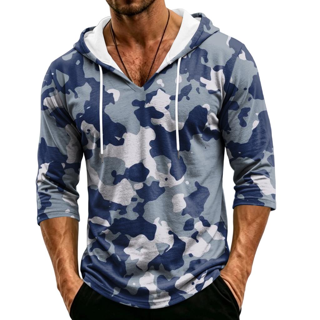 Men's Loose Fit Casual Hoodie Camouflage Pattern Three Quarter Sleeve Pullover Lightweight Breathable Hooded Shirt for Outdoor Activities